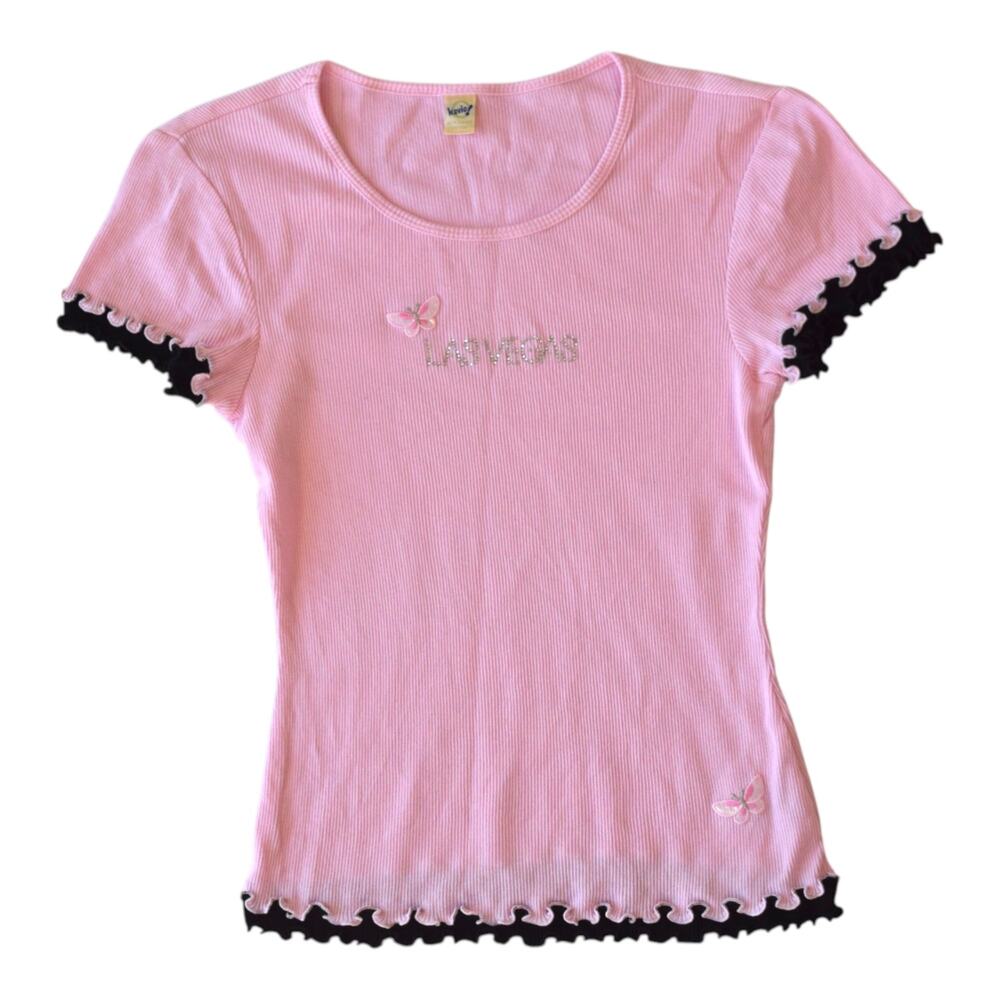 Vintage Kavio! Pink Ribbed Baby Tee Butterfly Graphic Rhinestone Y2K XS